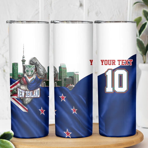 Personalized New Zealand Warriors Rugby Skinny Tumbler Warrior Mascot Auckland Skyline Flag Art