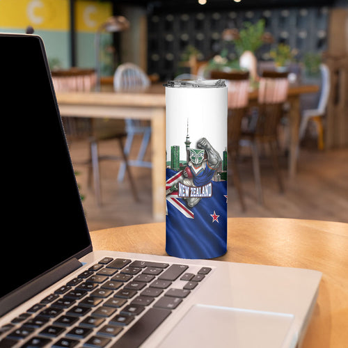 Personalized New Zealand Warriors Rugby Skinny Tumbler Warrior Mascot Auckland Skyline Flag Art