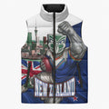 Personalized New Zealand Warriors Rugby Sleeveless Puffer Jacket Warrior Mascot Auckland Skyline Flag Art