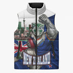 Personalized New Zealand Warriors Rugby Sleeveless Puffer Jacket Warrior Mascot Auckland Skyline Flag Art