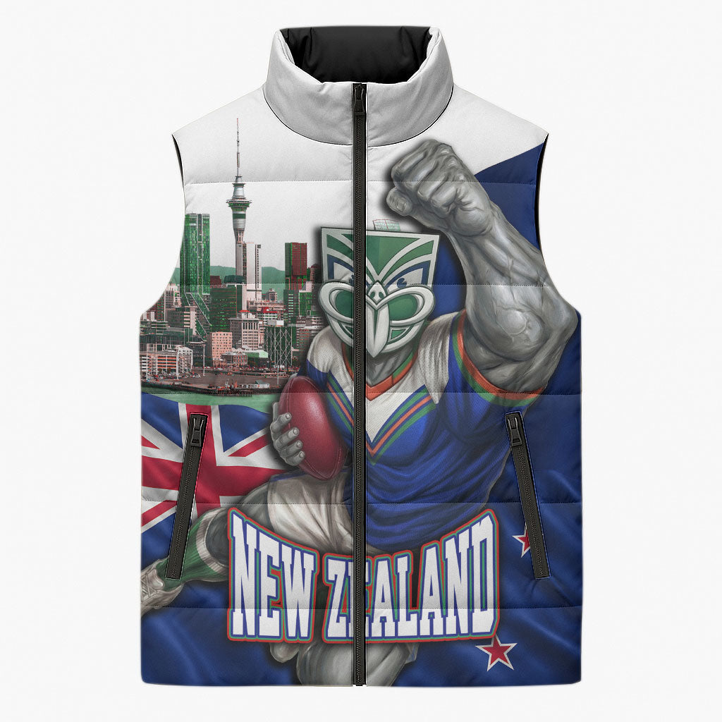 Personalized New Zealand Warriors Rugby Sleeveless Puffer Jacket Warrior Mascot Auckland Skyline Flag Art