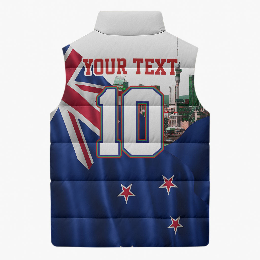 Personalized New Zealand Warriors Rugby Sleeveless Puffer Jacket Warrior Mascot Auckland Skyline Flag Art