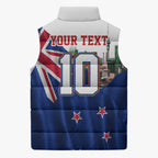 Personalized New Zealand Warriors Rugby Sleeveless Puffer Jacket Warrior Mascot Auckland Skyline Flag Art