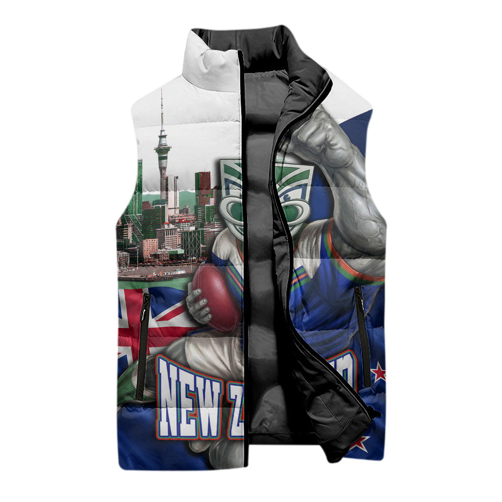 Personalized New Zealand Warriors Rugby Sleeveless Puffer Jacket Warrior Mascot Auckland Skyline Flag Art
