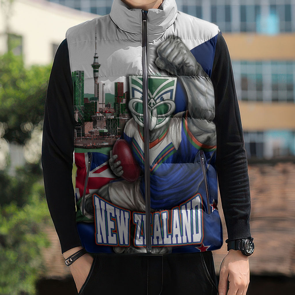 Personalized New Zealand Warriors Rugby Sleeveless Puffer Jacket Warrior Mascot Auckland Skyline Flag Art