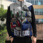 Personalized New Zealand Warriors Rugby Sleeveless Puffer Jacket Warrior Mascot Auckland Skyline Flag Art