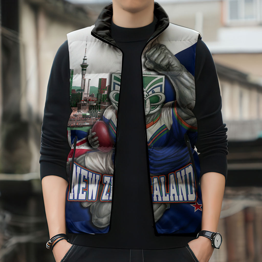Personalized New Zealand Warriors Rugby Sleeveless Puffer Jacket Warrior Mascot Auckland Skyline Flag Art