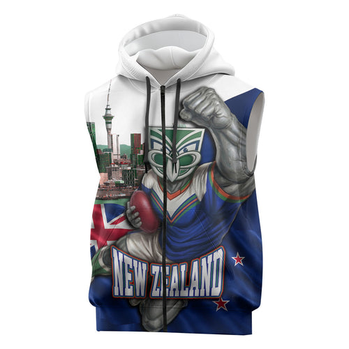 Personalized New Zealand Warriors Rugby Sleeveless Zip Hoodie Warrior Mascot Auckland Skyline Flag Art