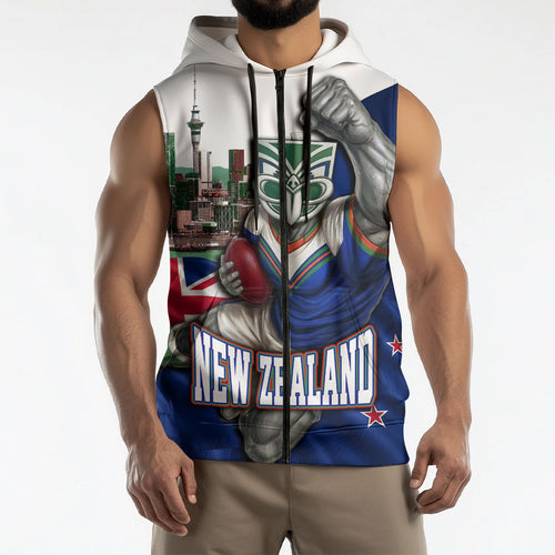Personalized New Zealand Warriors Rugby Sleeveless Zip Hoodie Warrior Mascot Auckland Skyline Flag Art
