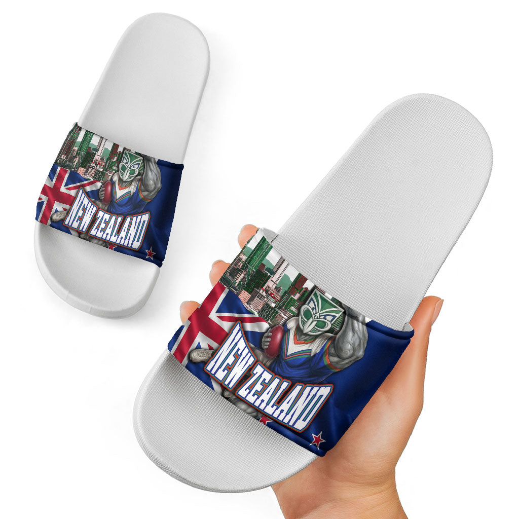 New Zealand Warriors Rugby Slide Sandals Warrior Mascot Auckland Skyline Flag Art