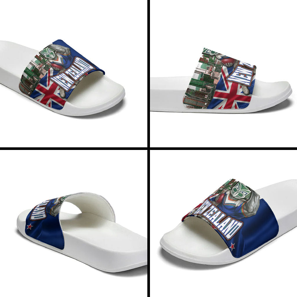 New Zealand Warriors Rugby Slide Sandals Warrior Mascot Auckland Skyline Flag Art