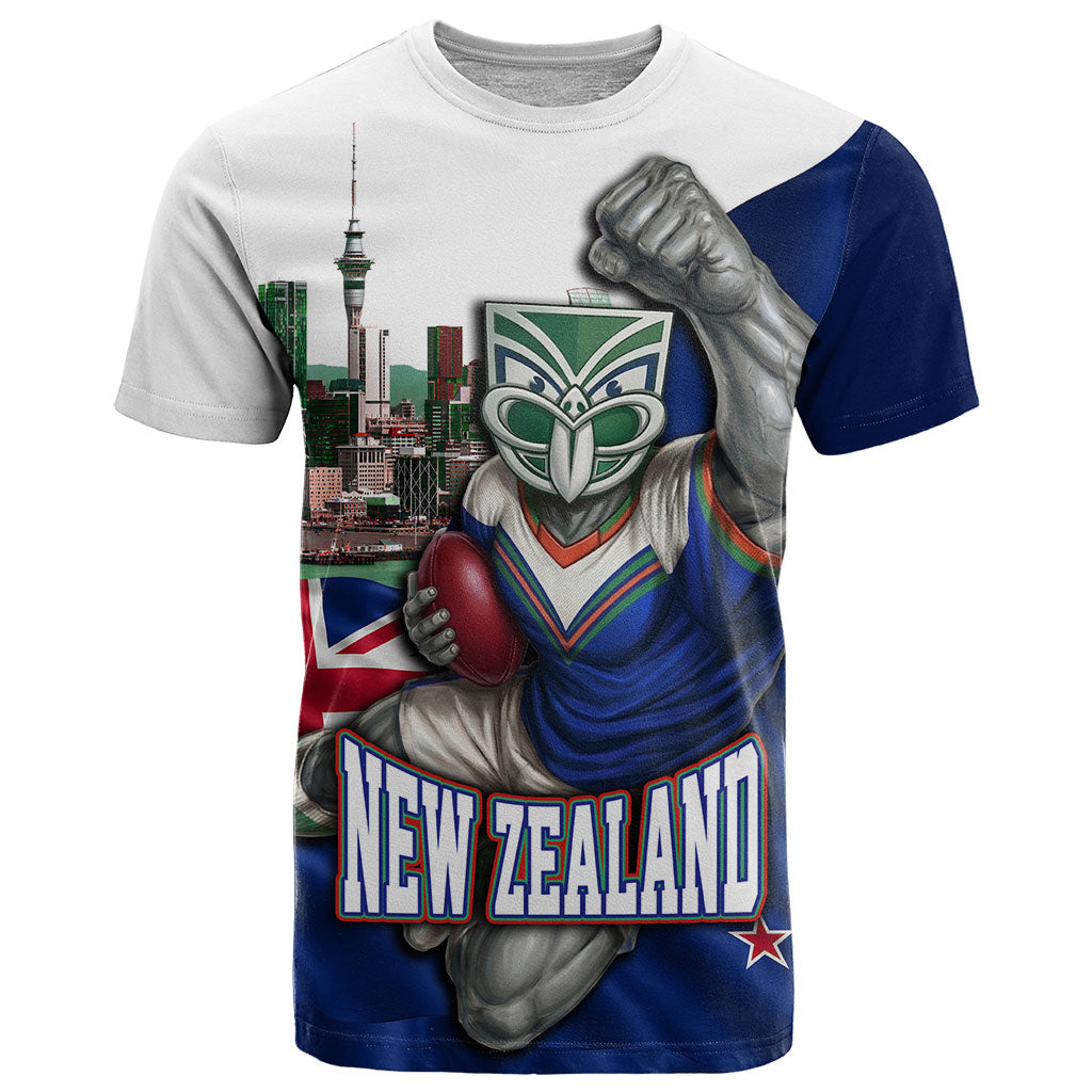 Personalized New Zealand Warriors Rugby T Shirt Warrior Mascot Auckland Skyline Flag Art