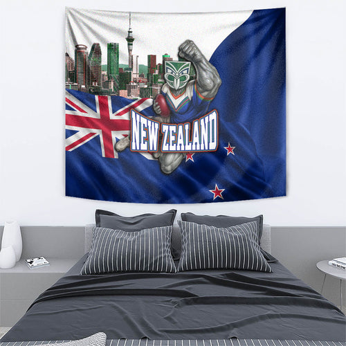 New Zealand Warriors Rugby Tapestry Warrior Mascot Auckland Skyline Flag Art