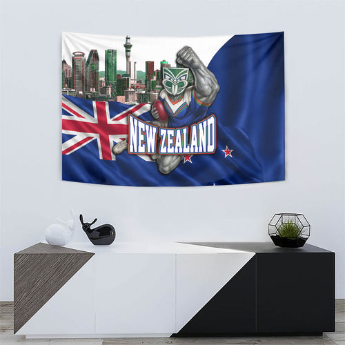 New Zealand Warriors Rugby Tapestry Warrior Mascot Auckland Skyline Flag Art