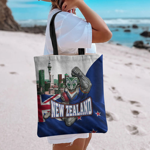 New Zealand Warriors Rugby Tote Bag Warrior Mascot Auckland Skyline Flag Art