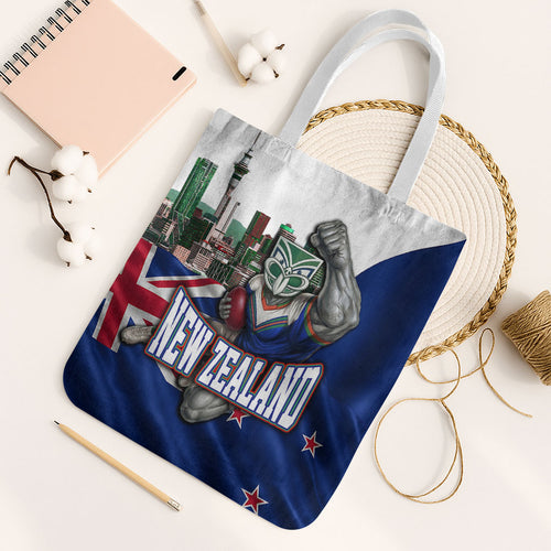 New Zealand Warriors Rugby Tote Bag Warrior Mascot Auckland Skyline Flag Art