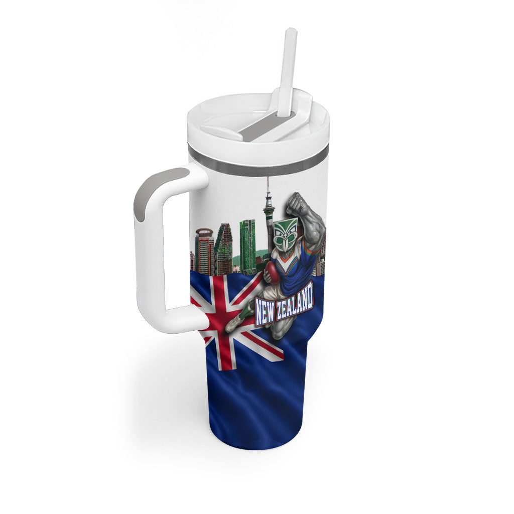 Personalized New Zealand Warriors Rugby Tumbler With Handle Warrior Mascot Auckland Skyline Flag Art
