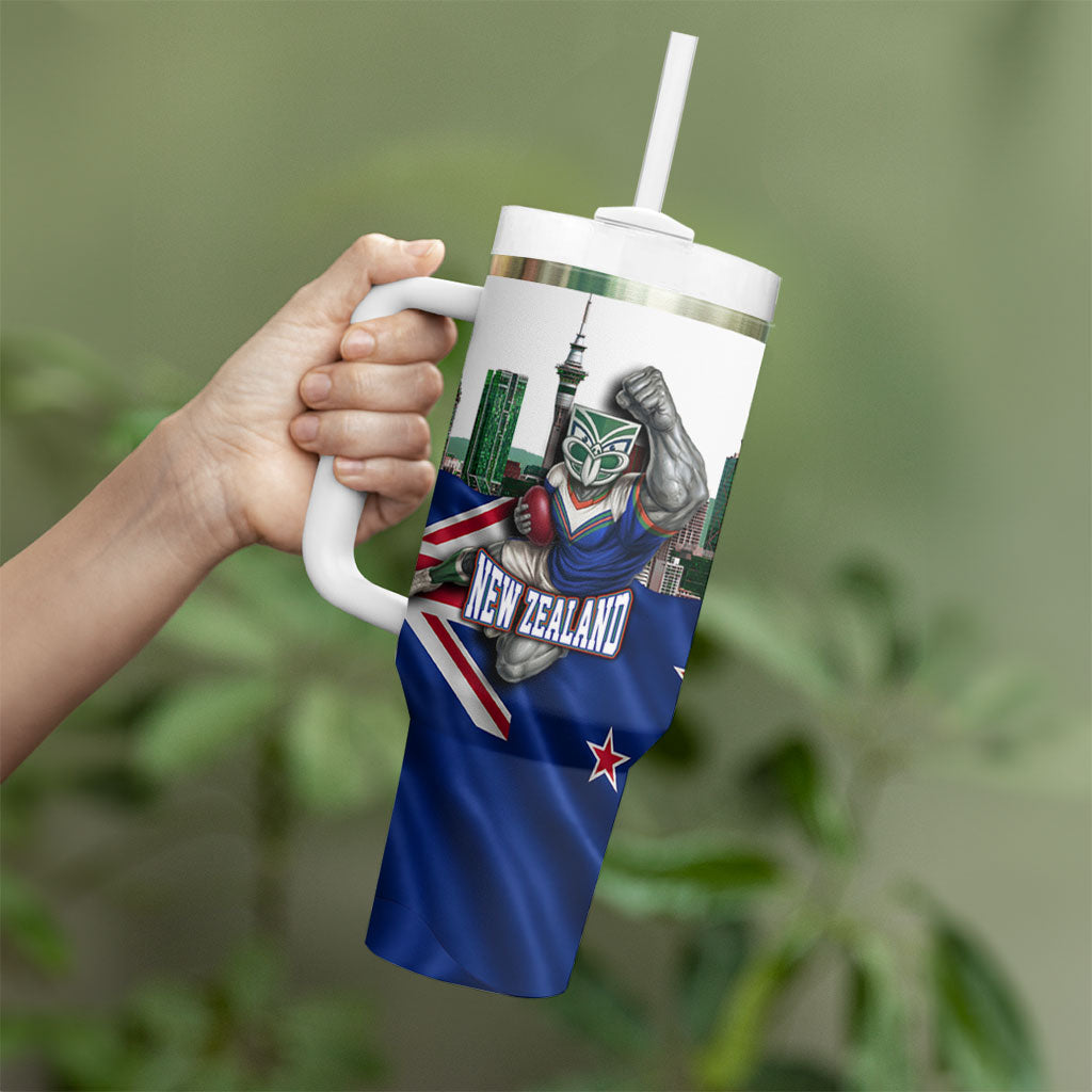 Personalized New Zealand Warriors Rugby Tumbler With Handle Warrior Mascot Auckland Skyline Flag Art
