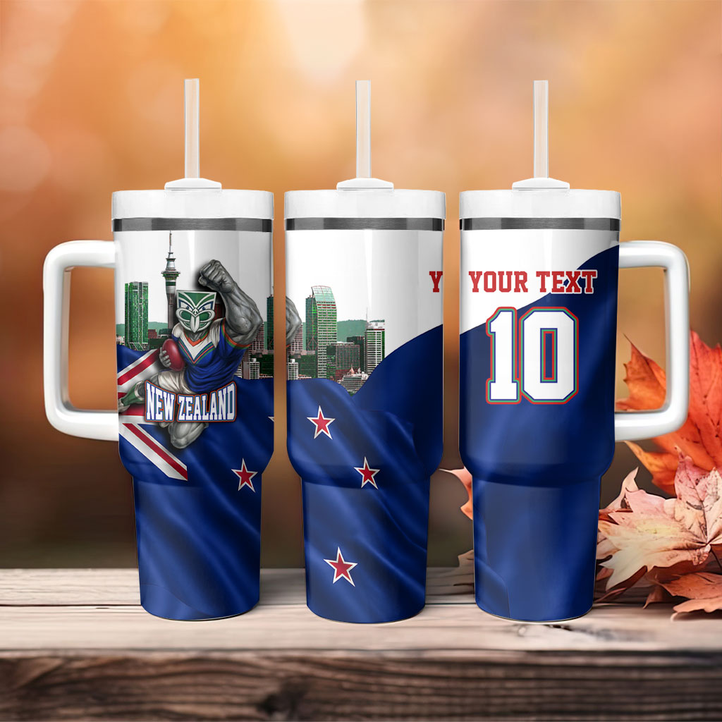 Personalized New Zealand Warriors Rugby Tumbler With Handle Warrior Mascot Auckland Skyline Flag Art