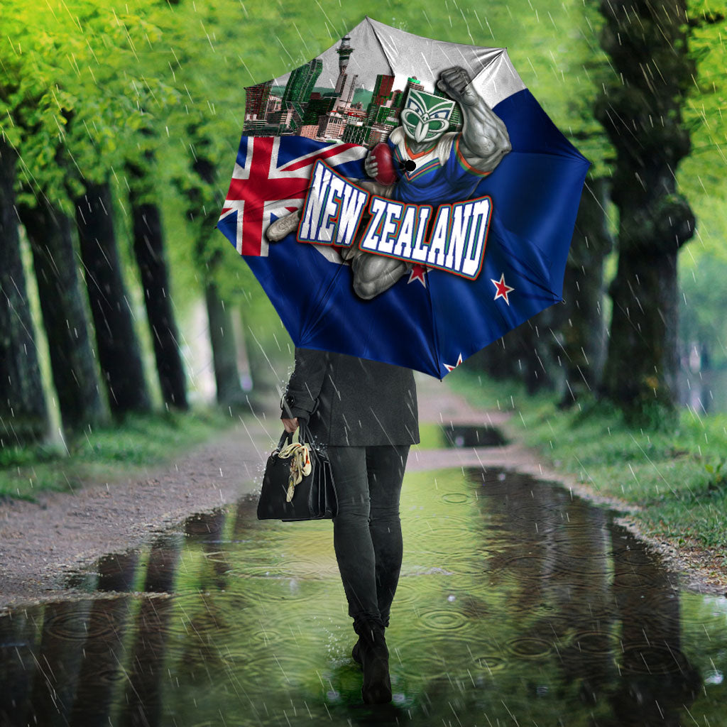 New Zealand Warriors Rugby Umbrella Warrior Mascot Auckland Skyline Flag Art