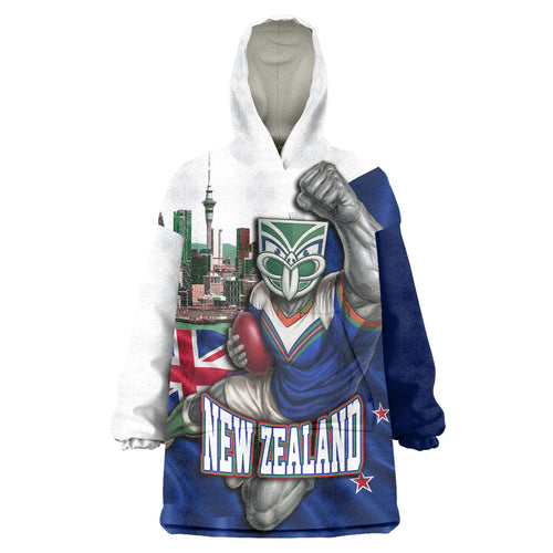 Personalized New Zealand Warriors Rugby Wearable Blanket Hoodie Warrior Mascot Auckland Skyline Flag Art