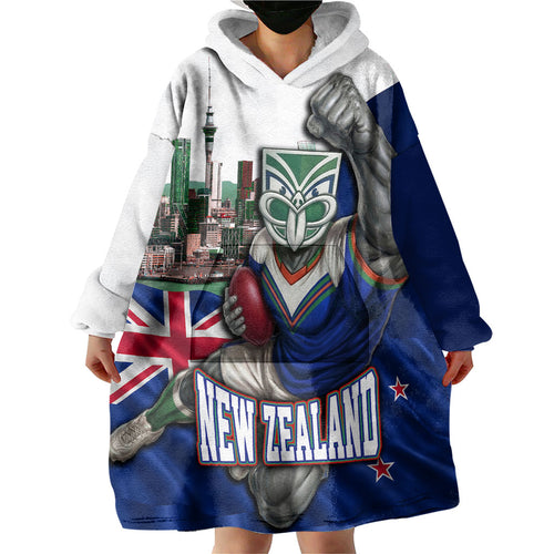Personalized New Zealand Warriors Rugby Wearable Blanket Hoodie Warrior Mascot Auckland Skyline Flag Art