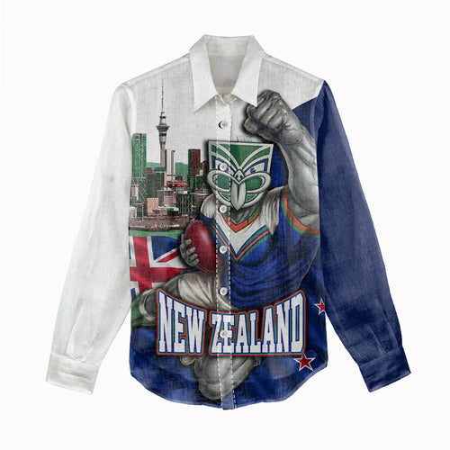 Personalized New Zealand Warriors Rugby Women Casual Shirt Warrior Mascot Auckland Skyline Flag Art