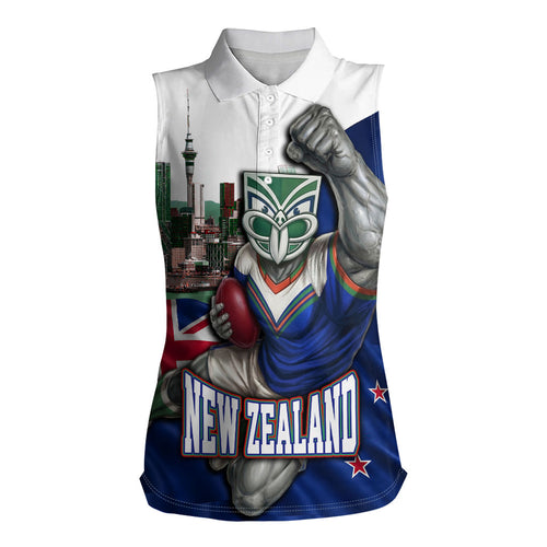 Personalized New Zealand Warriors Rugby Women Sleeveless Polo Shirt Warrior Mascot Auckland Skyline Flag Art