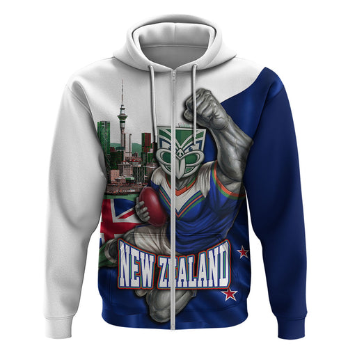 Personalized New Zealand Warriors Rugby Zip Hoodie Warrior Mascot Auckland Skyline Flag Art