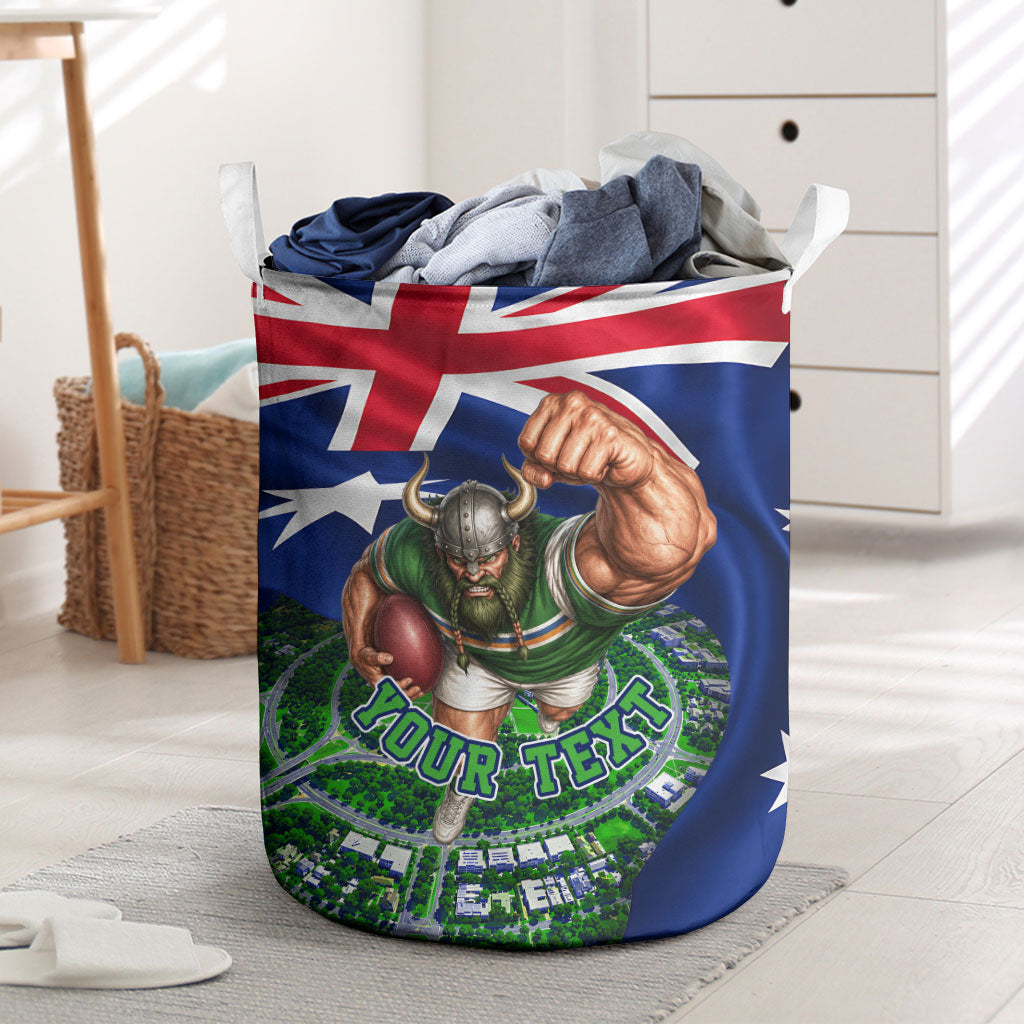 Personalized Canberra Raiders Rugby Laundry Basket Viking Mascot And Canberra Skyline Flag Art