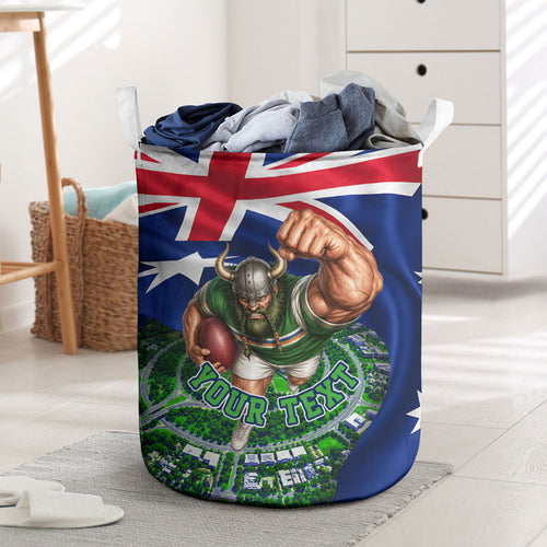 Personalized Canberra Raiders Rugby Laundry Basket Viking Mascot And Canberra Skyline Flag Art