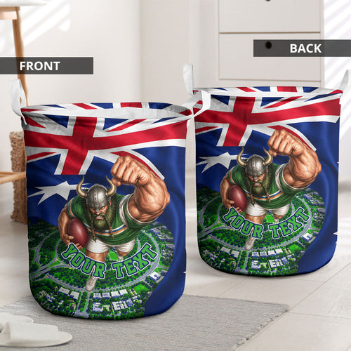 Personalized Canberra Raiders Rugby Laundry Basket Viking Mascot And Canberra Skyline Flag Art
