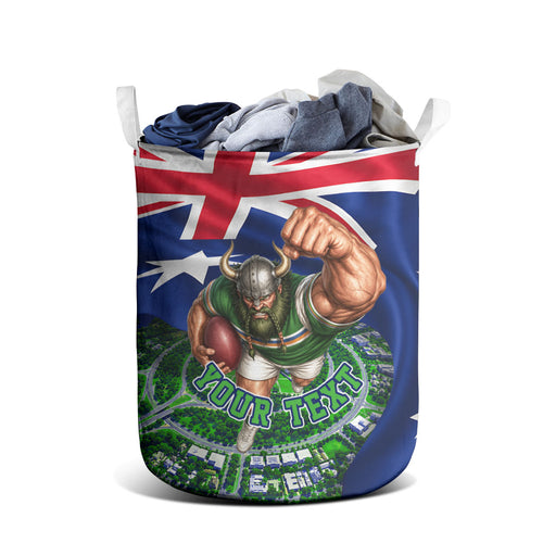 Personalized Canberra Raiders Rugby Laundry Basket Viking Mascot And Canberra Skyline Flag Art