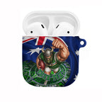 Personalized Canberra Raiders Rugby AirPods Case Viking Mascot And Canberra Skyline Flag Art