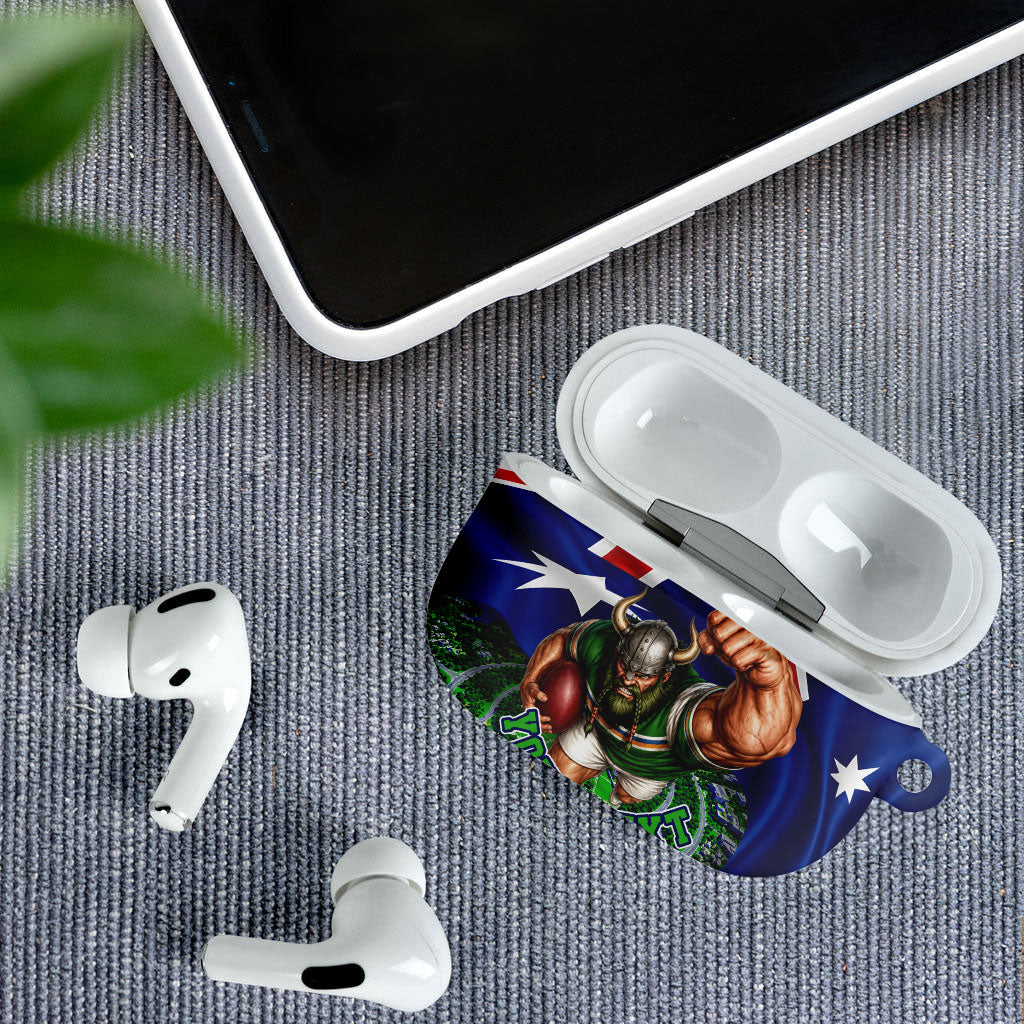 Personalized Canberra Raiders Rugby AirPods Case Viking Mascot And Canberra Skyline Flag Art