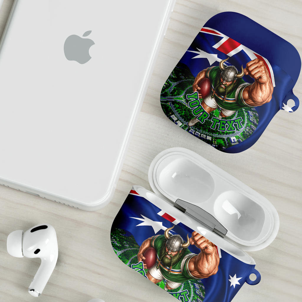 Personalized Canberra Raiders Rugby AirPods Case Viking Mascot And Canberra Skyline Flag Art
