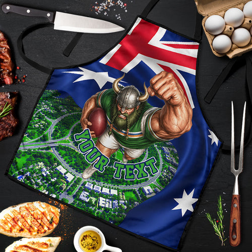 Personalized Canberra Raiders Rugby Apron Viking Mascot And Canberra Skyline Flag Art