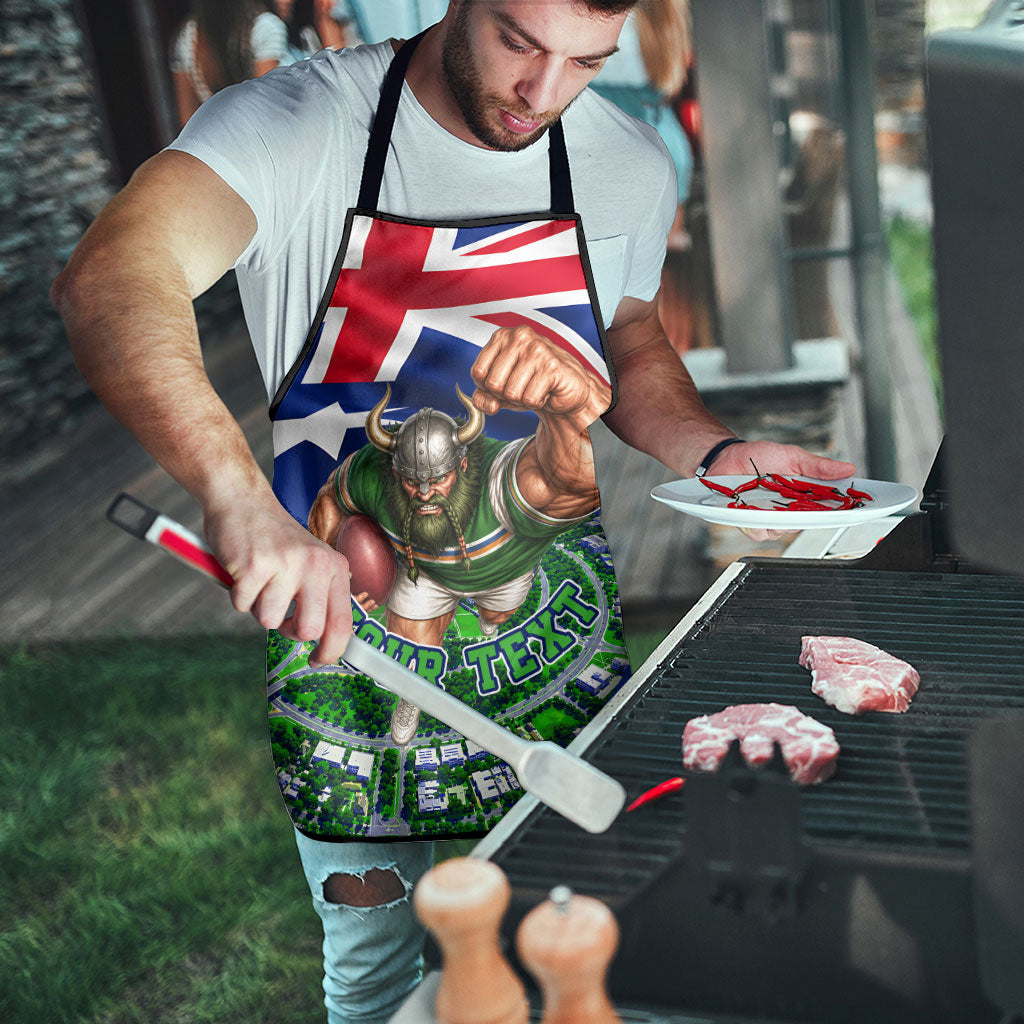 Personalized Canberra Raiders Rugby Apron Viking Mascot And Canberra Skyline Flag Art