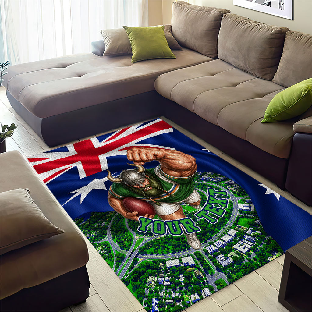 Personalized Canberra Raiders Rugby Area Rug Viking Mascot And Canberra Skyline Flag Art