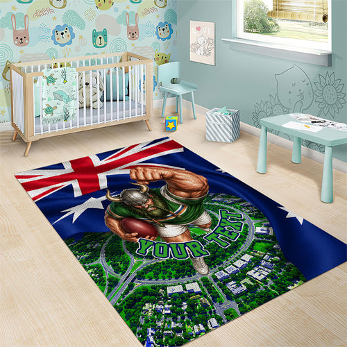 Personalized Canberra Raiders Rugby Area Rug Viking Mascot And Canberra Skyline Flag Art
