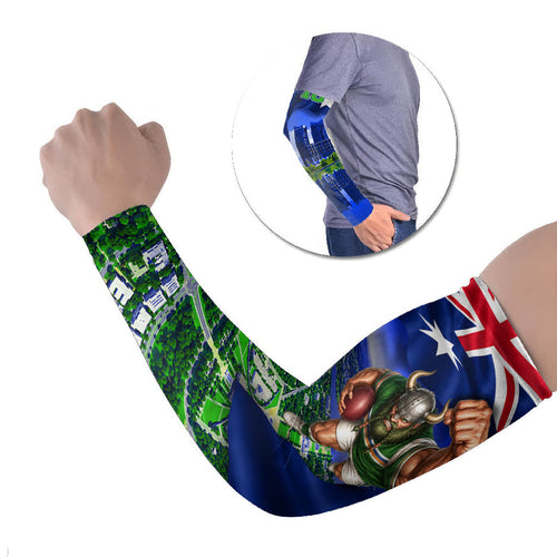 Personalized Canberra Raiders Rugby Arm Sleeves Viking Mascot And Canberra Skyline Flag Art