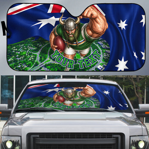 Personalized Canberra Raiders Rugby Auto Sun Shade Viking Mascot And Canberra Skyline Flag Art
