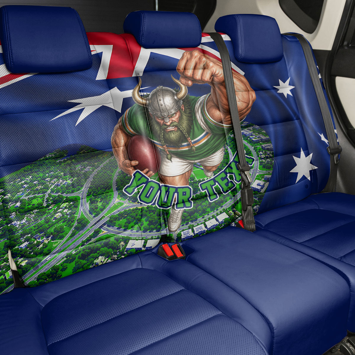Personalized Canberra Raiders Rugby Back Car Seat Cover Viking Mascot And Canberra Skyline Flag Art