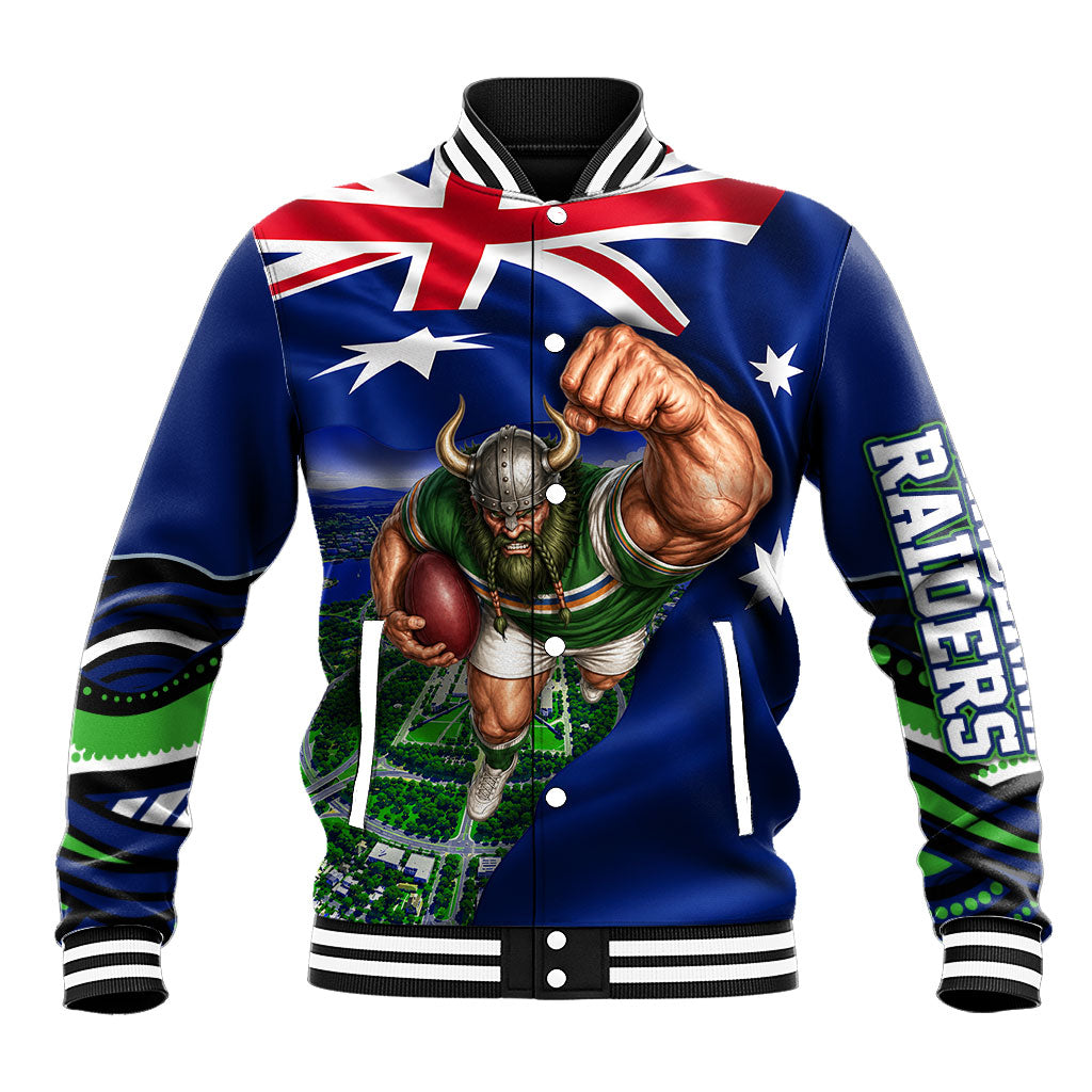 Personalized Canberra Raiders Rugby Baseball Jacket Viking Mascot And Canberra Skyline Flag Art