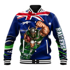 Personalized Canberra Raiders Rugby Baseball Jacket Viking Mascot And Canberra Skyline Flag Art
