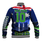 Personalized Canberra Raiders Rugby Baseball Jacket Viking Mascot And Canberra Skyline Flag Art
