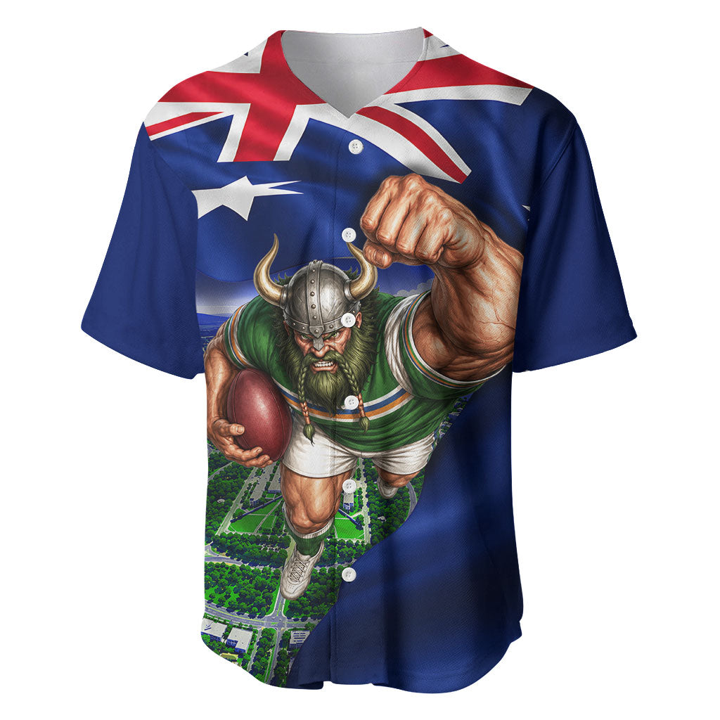 Personalized Canberra Raiders Rugby Baseball Jersey Viking Mascot And Canberra Skyline Flag Art