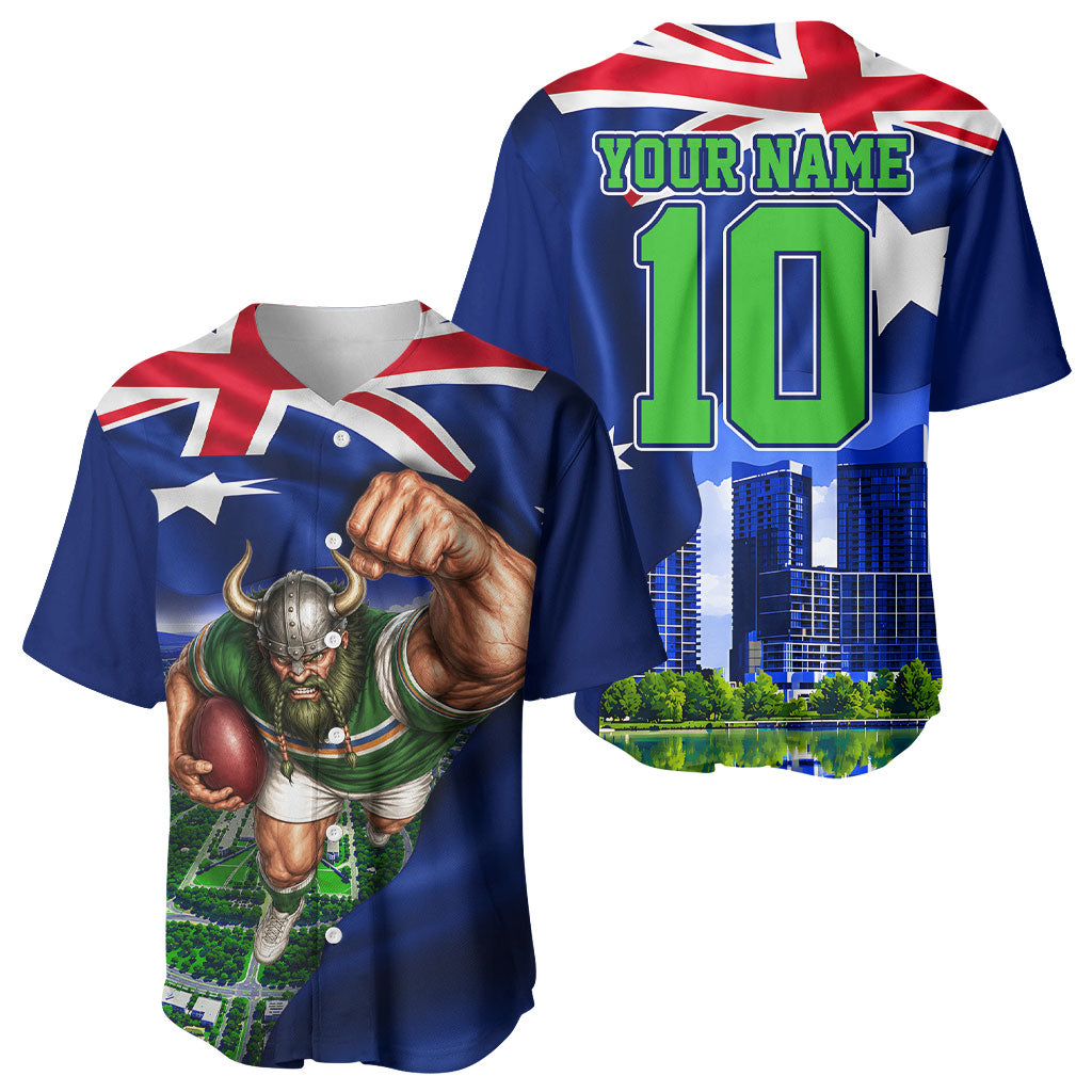Personalized Canberra Raiders Rugby Baseball Jersey Viking Mascot And Canberra Skyline Flag Art