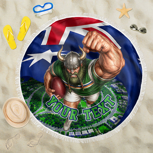 Personalized Canberra Raiders Rugby Beach Blanket Viking Mascot And Canberra Skyline Flag Art