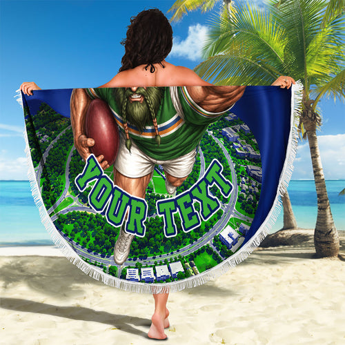 Personalized Canberra Raiders Rugby Beach Blanket Viking Mascot And Canberra Skyline Flag Art
